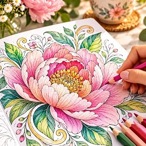 Eine Hand koloriert eine große Blüte mit Buntstiften