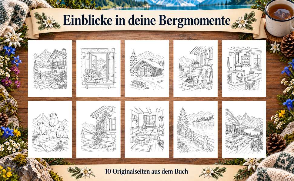 Zehn Originalseiten aus „Almhütten und Bergseen“.