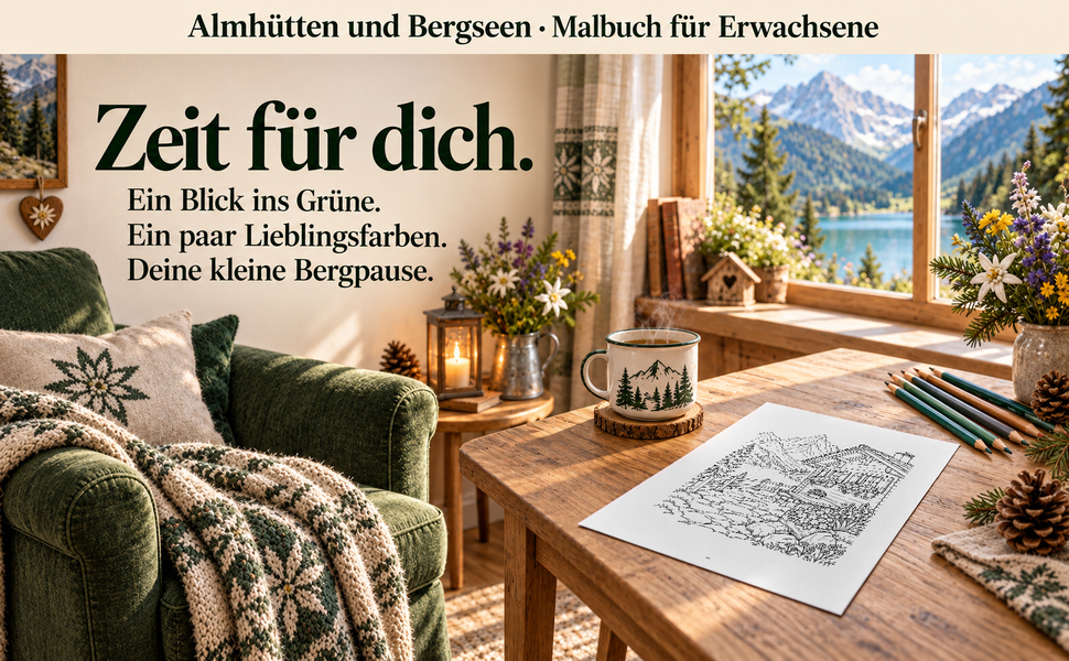 Gemütlicher Malplatz mit einer Originalseite aus „Almhütten und Bergseen“.
