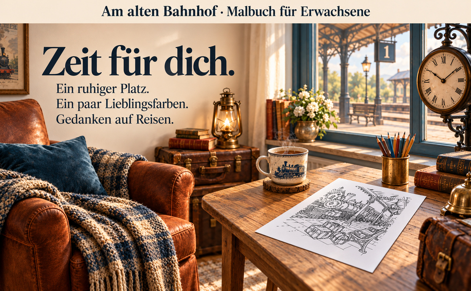 Gemütlicher Malplatz mit einer Originalseite aus „Am alten Bahnhof“.