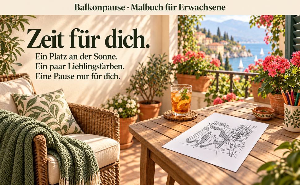 Gemütlicher Malplatz mit einer Originalseite aus „Balkonpause“.