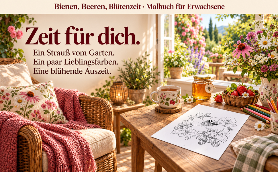 Gemütlicher Malplatz mit einer Originalseite aus „Bienen, Beeren, Blütenzeit“.