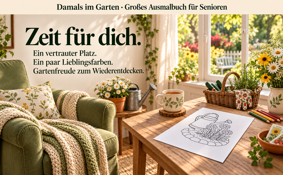 Gemütlicher Malplatz mit einer Originalseite aus „Damals im Garten“.