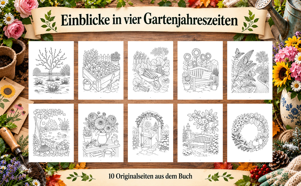 Zehn Originalseiten aus „Garten durchs Jahr“.
