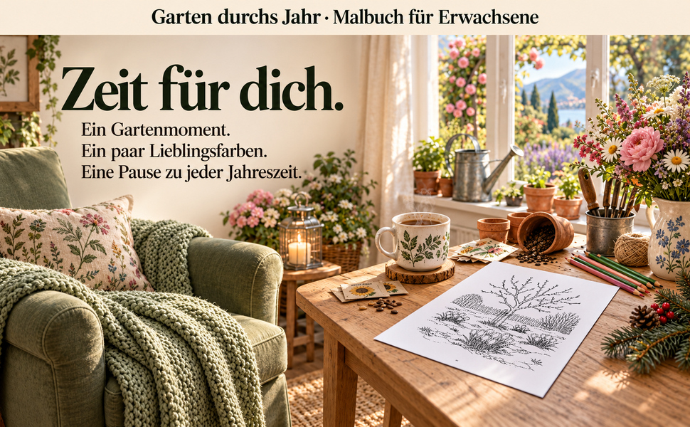 Gemütlicher Malplatz mit einer Originalseite aus „Garten durchs Jahr“.