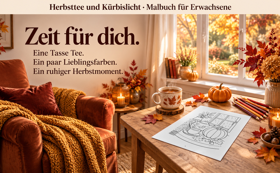 Gemütlicher Malplatz mit einer Originalseite aus „Herbsttee und Kürbislicht“.