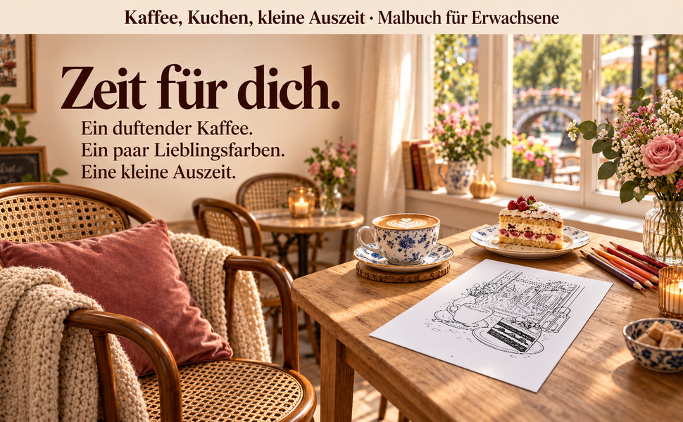 Gemütlicher Malplatz mit einer Originalseite aus „Kaffee, Kuchen, kleine Auszeit“.