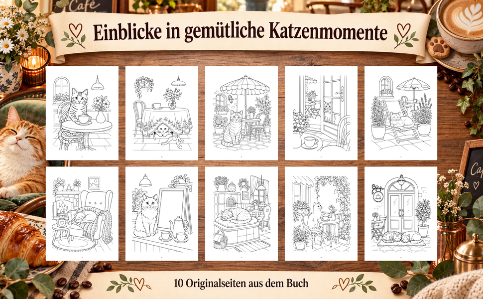Zehn Originalseiten aus „Katzen im Café“.