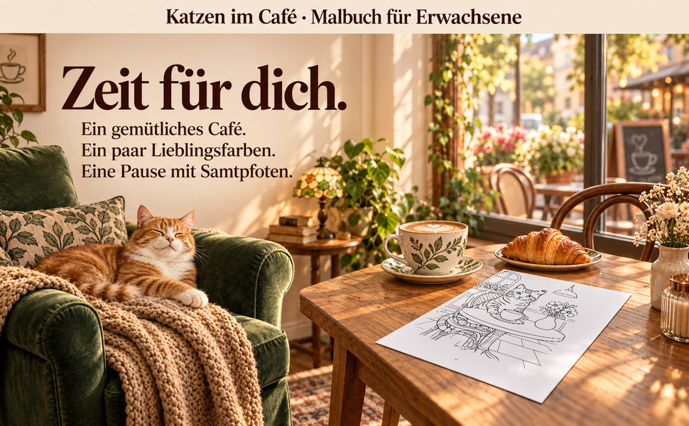 Gemütlicher Malplatz mit einer Originalseite aus „Katzen im Café“.