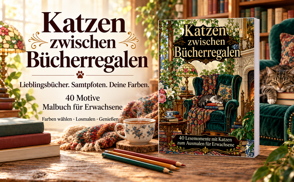 Originalcover: Katzen zwischen Bücherregalen. 40 Motive zum Ausmalen.