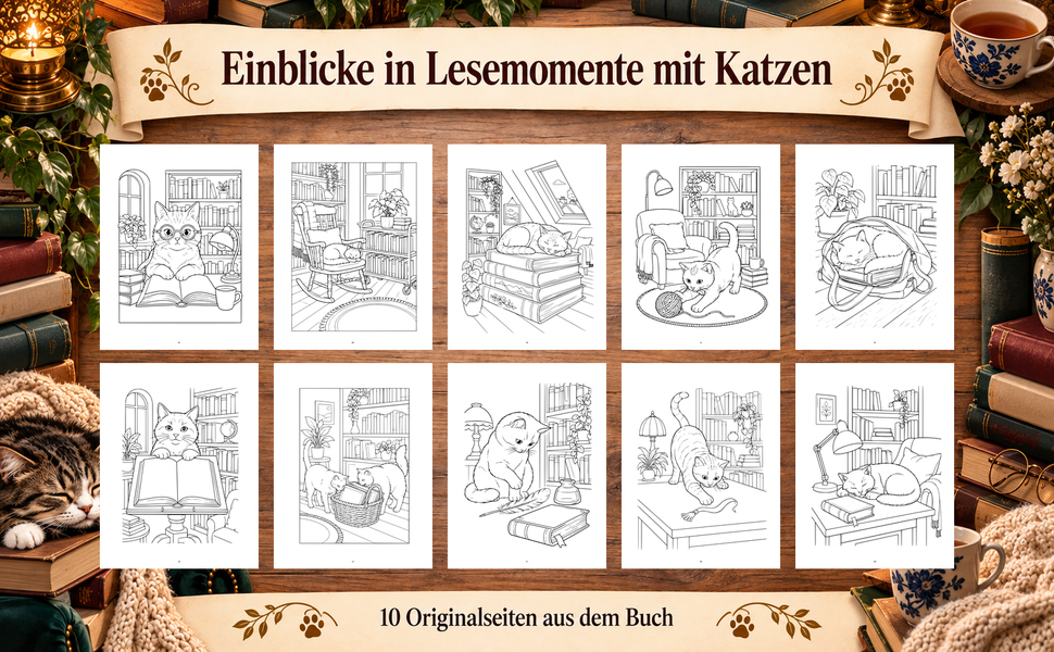 Zehn Originalseiten aus „Katzen zwischen Bücherregalen“.