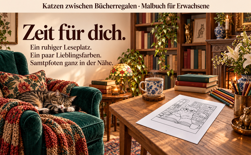 Gemütlicher Malplatz mit einer Originalseite aus „Katzen zwischen Bücherregalen“.