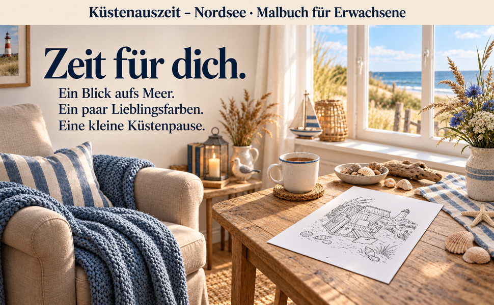 Gemütlicher Malplatz mit einer Originalseite aus „Küstenauszeit – Nordsee“.