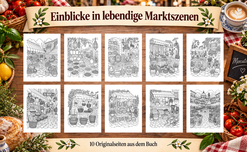 Zehn Originalseiten aus „Markttag in der Altstadt“.