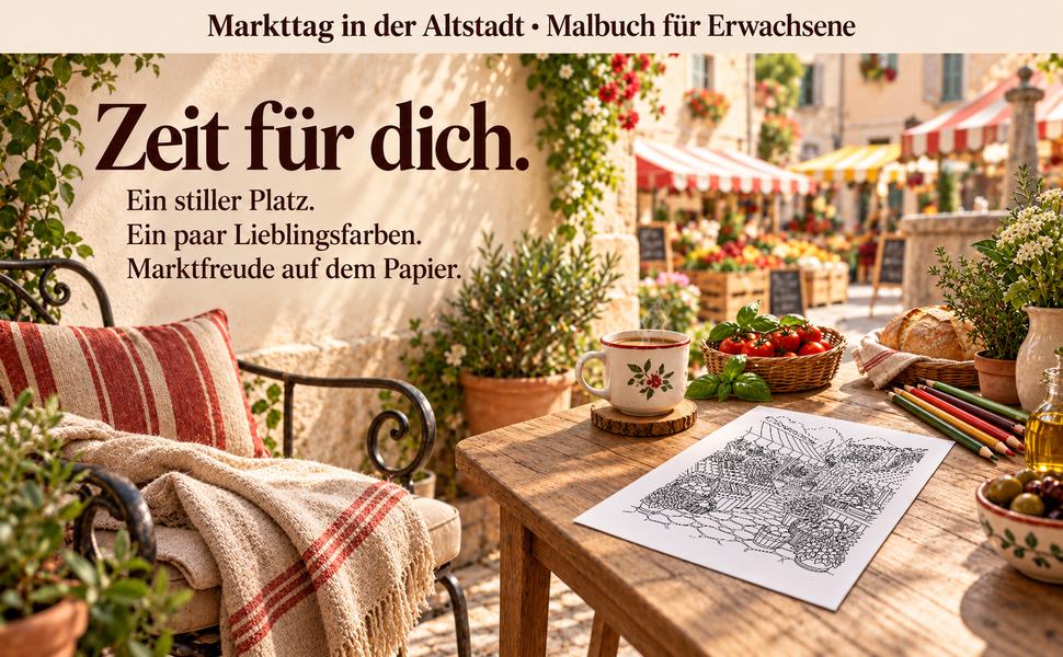 Gemütlicher Malplatz mit einer Originalseite aus „Markttag in der Altstadt“.