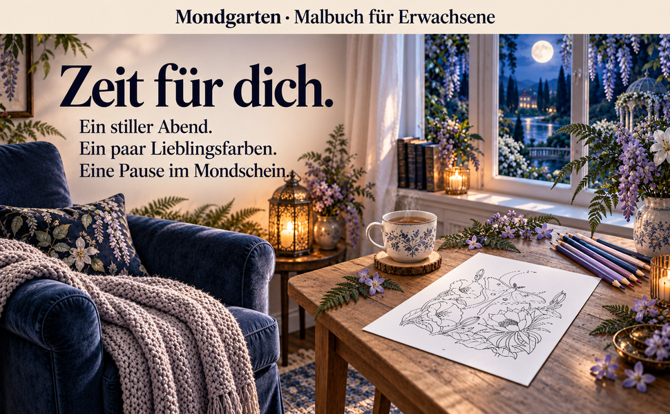 Gemütlicher Malplatz mit einer Originalseite aus „Mondgarten“.