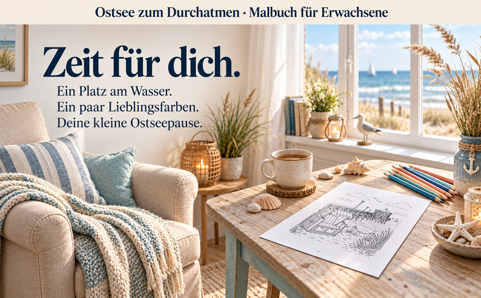 Gemütlicher Malplatz mit einer Originalseite aus „Ostsee zum Durchatmen“.