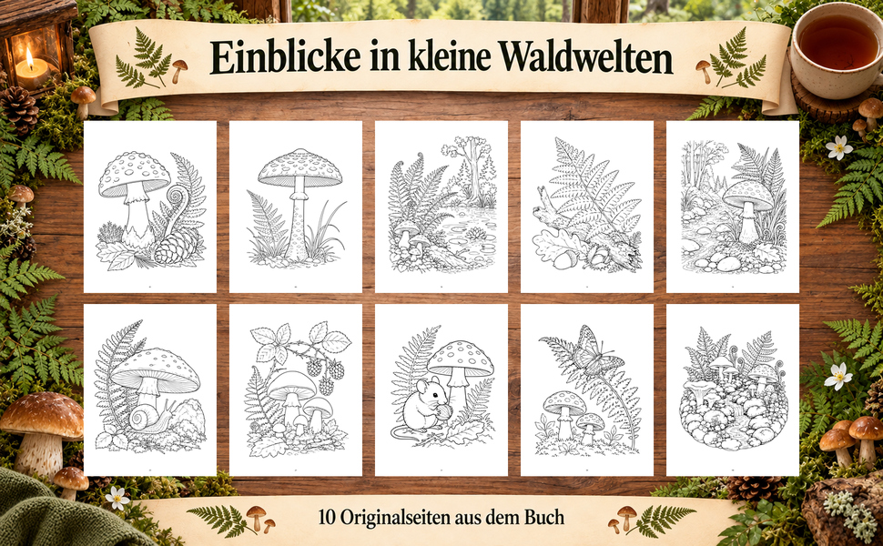 Zehn Originalseiten aus „Pilze, Farne, Waldgeheimnisse“.