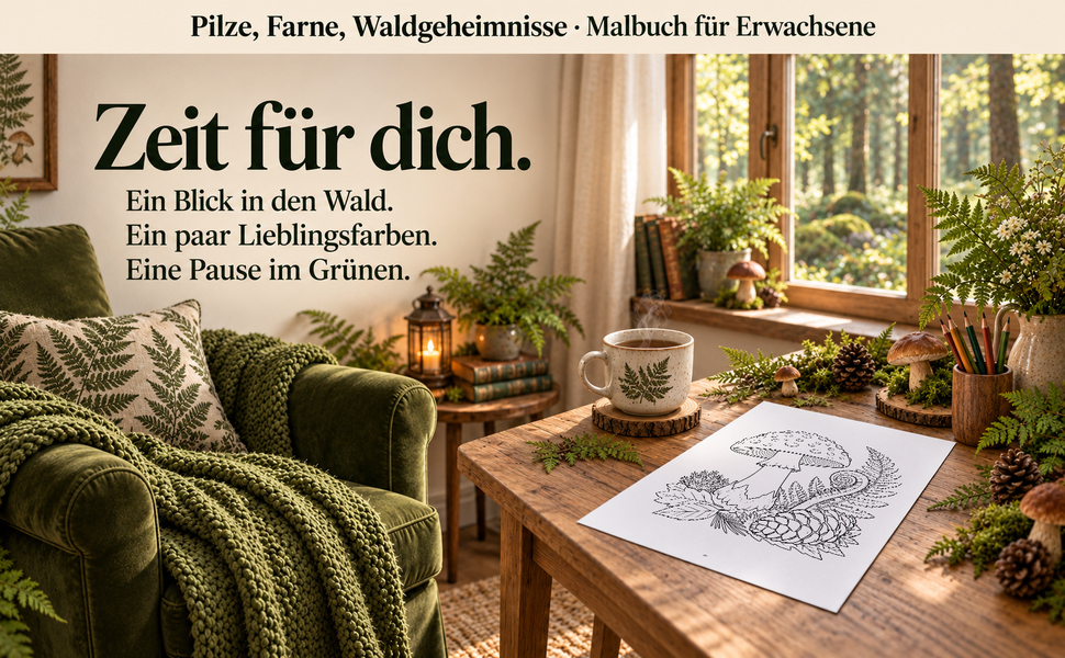 Gemütlicher Malplatz mit einer Originalseite aus „Pilze, Farne, Waldgeheimnisse“.