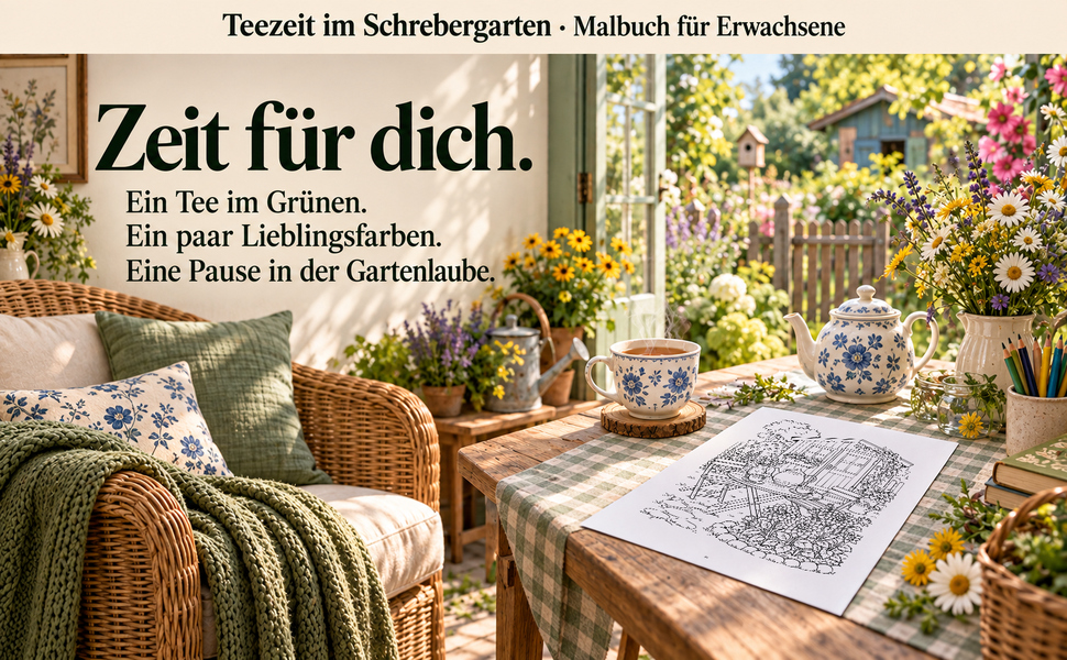 Gemütlicher Malplatz mit einer Originalseite aus „Teezeit im Schrebergarten“.